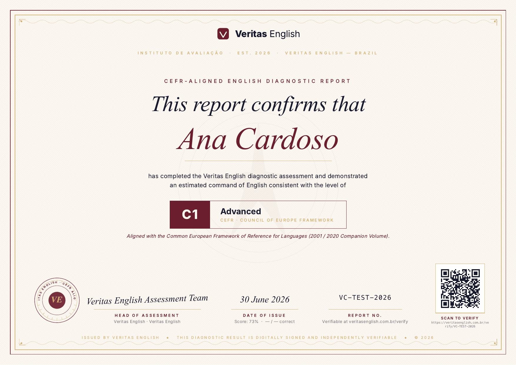 Mockup do certificado Veritas English